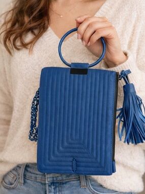 Blue Leather Quilted Ring-Handle Crossbody Bag